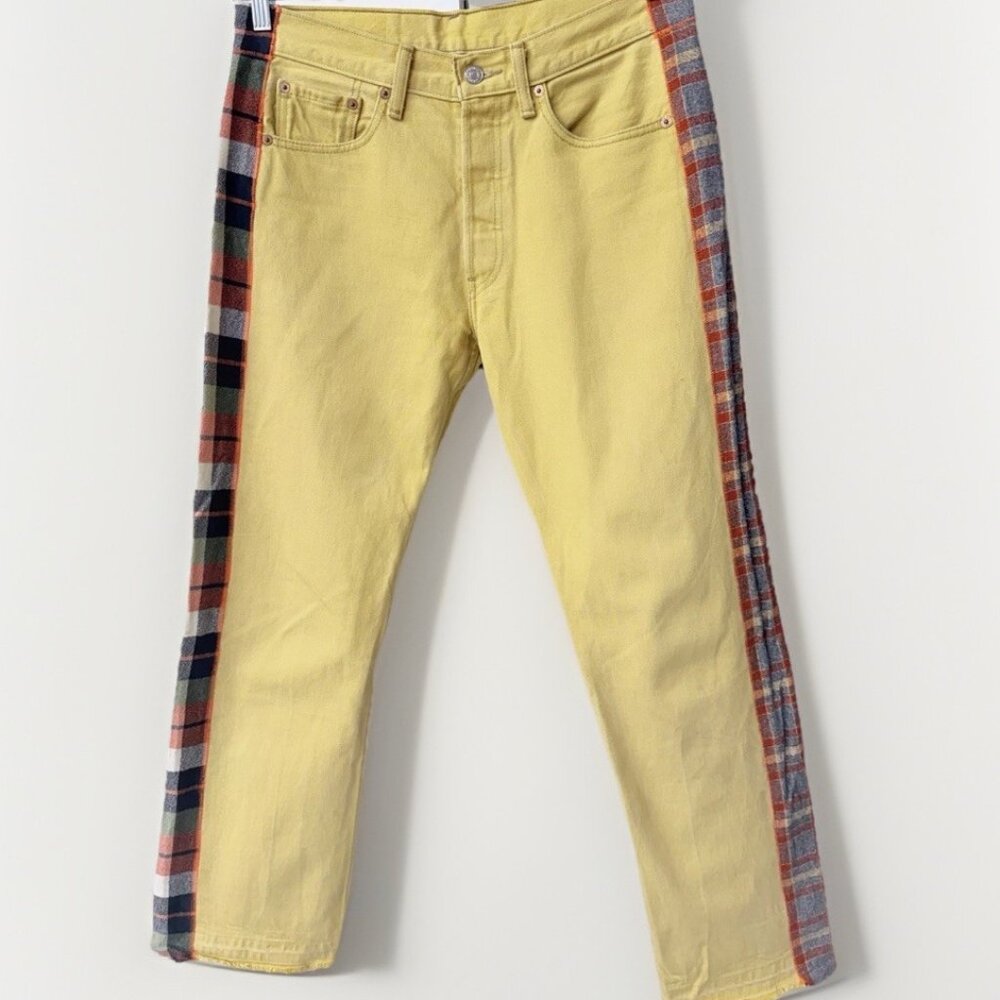 Levi's 501 Vintage 90s Yellow Denim Jeans With Gingham Plaid Side Panels